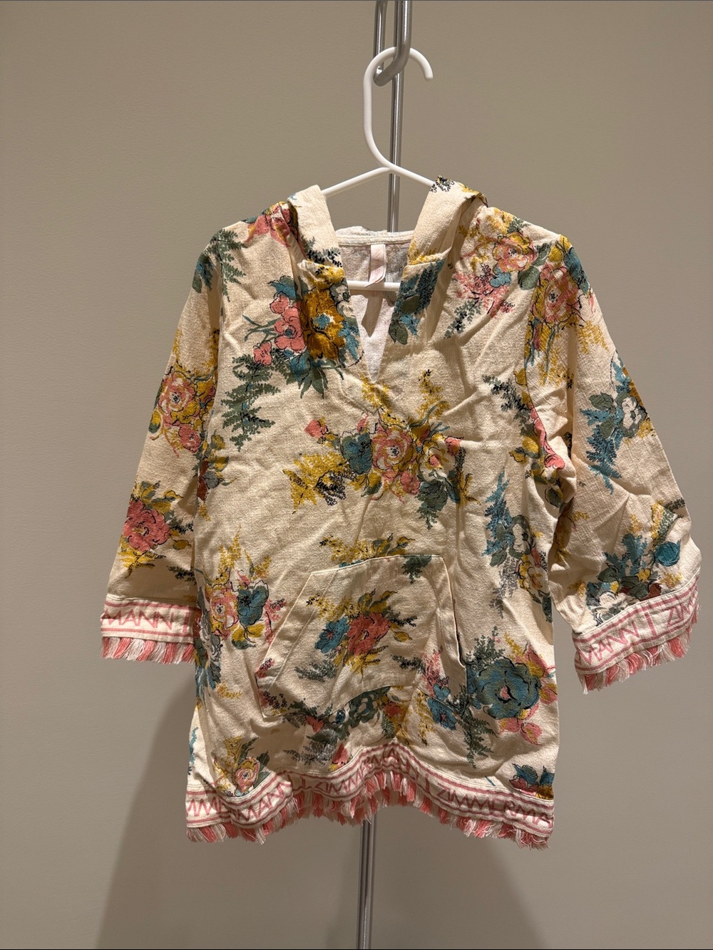 Zimmermann Cream Floral Kids Swim Coverup with Pink Trim